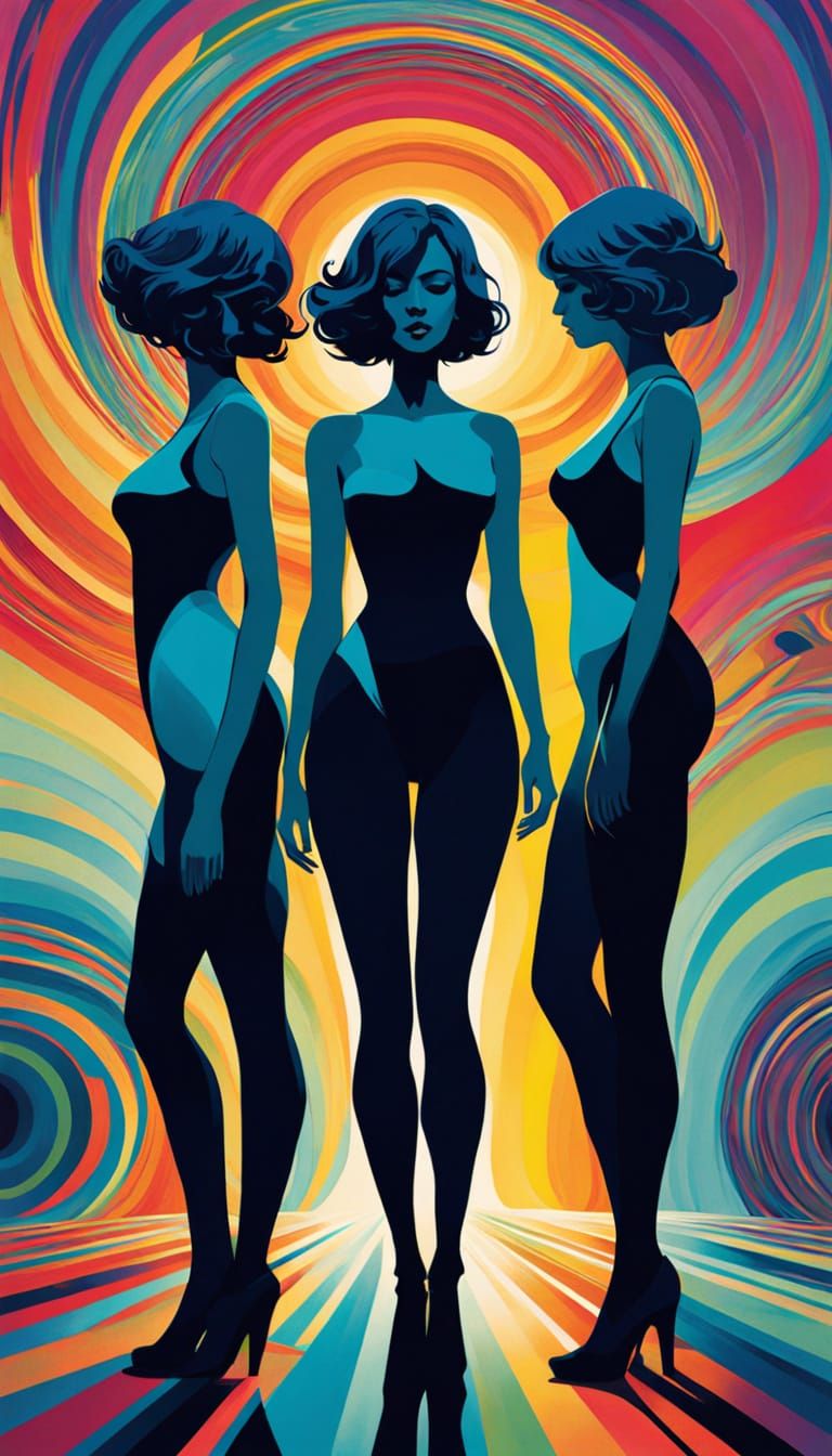 Silhouetted Women in Vibrant Abstract Psychedelic Scene