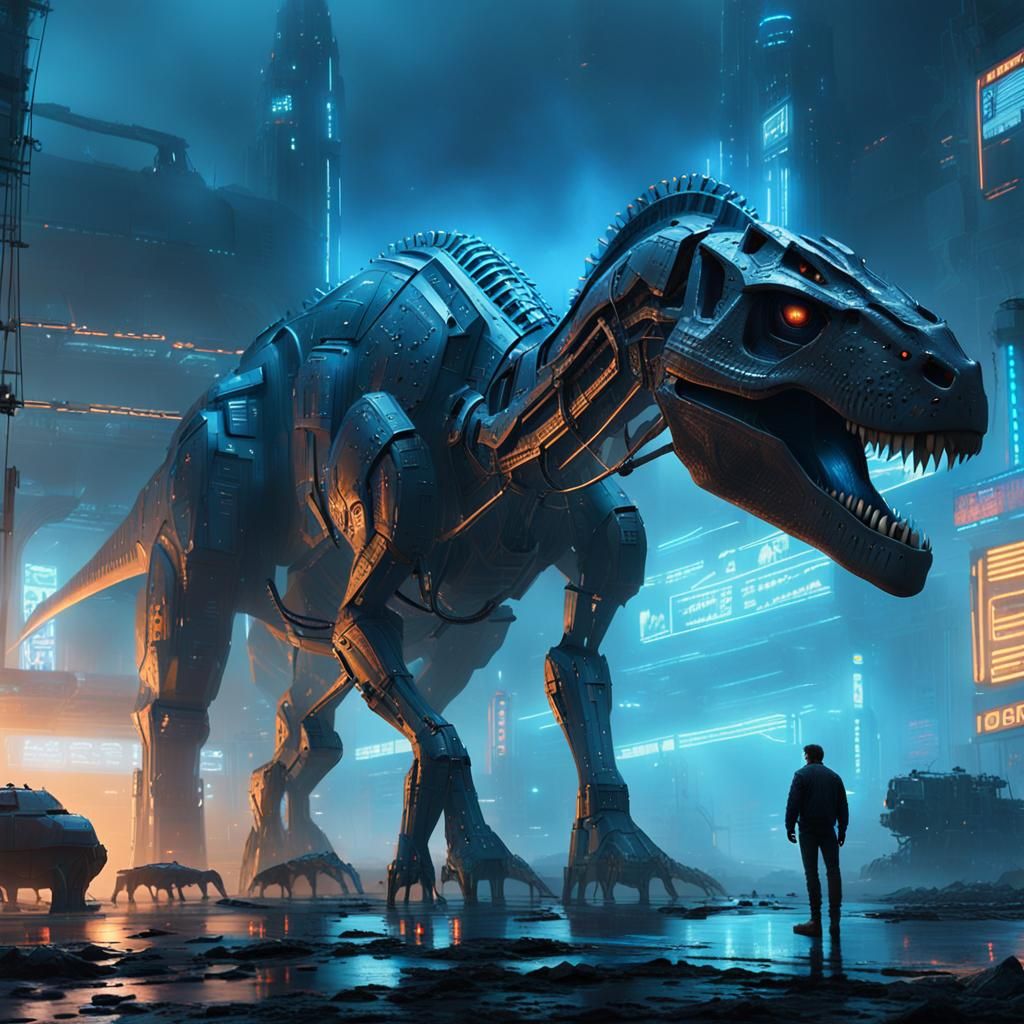 Futuristic Mech Dinosaur in Sci-Fi Cityscape