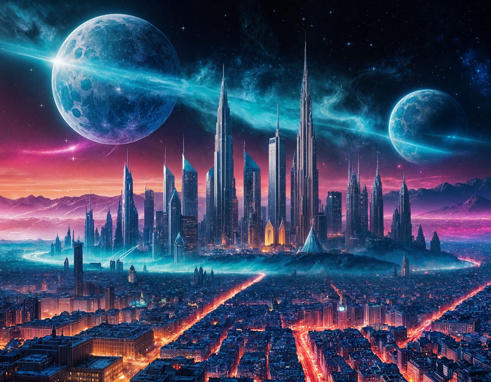 Silver Sapphire Moon City in Nebula, Retro Sci-Fi