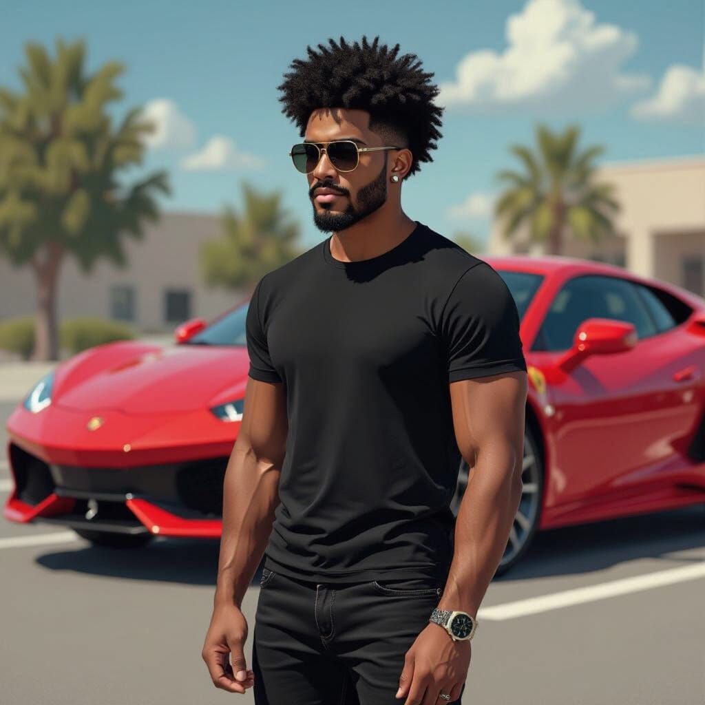 Handsome Man with Red Car: Detailed Digital Clipart