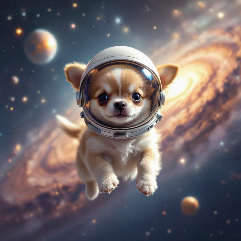 Chihuahua Astronaut Floats in Cosmic Dreamscape