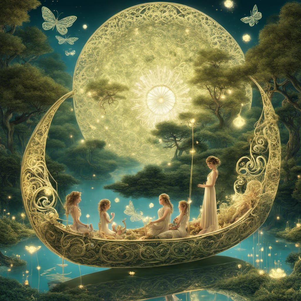Fairy Family on Mystical Moonlit Boat