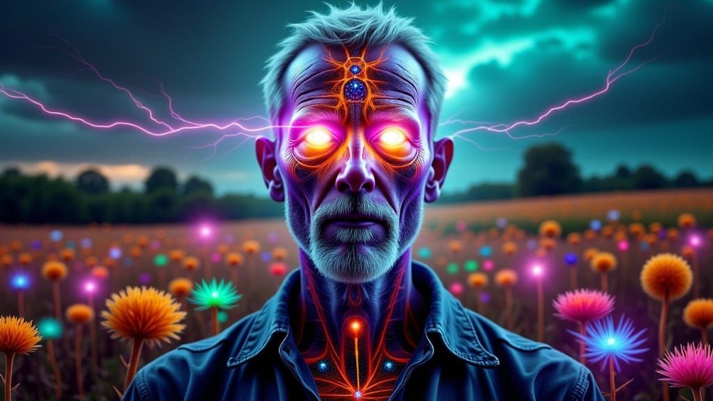Fractal Faced Man with Rainbow Lightning in Farm Horror
