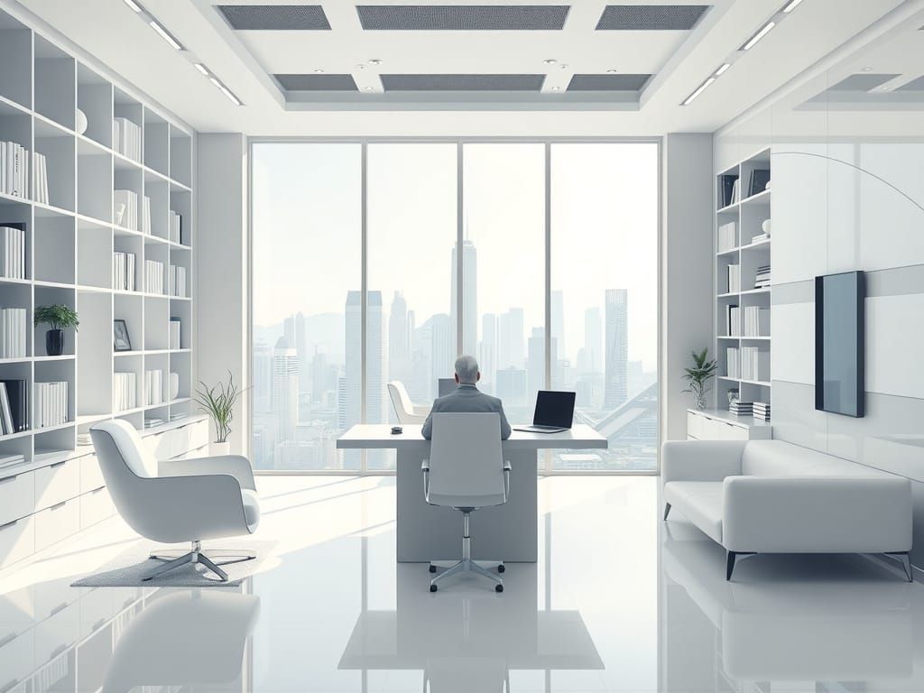 Elegant Futuristic CEO in Corner Office with City View