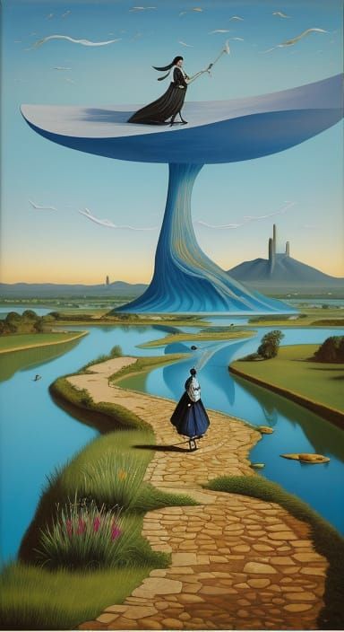 Surreal Woman Plays Guitar by the River in a Dreamlike Lands...