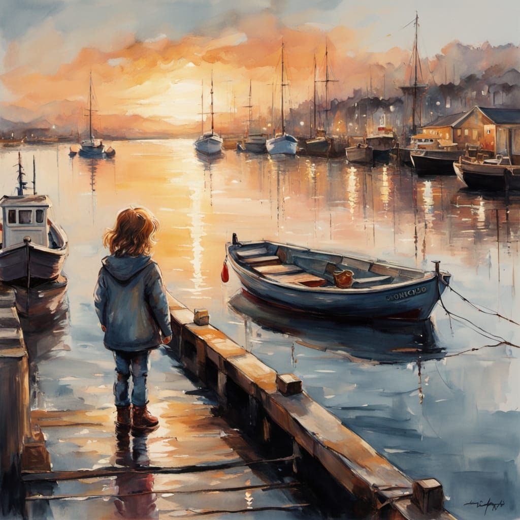 Winter Sunset Harbour Scene with Child on Jetty