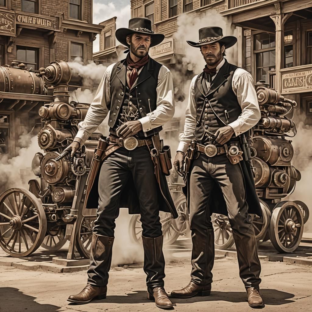 Gun slinger, cowboy, quick draw, shootout, main street, texas town steampunk engine