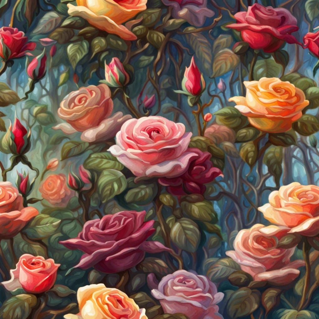 Enchanted Rose Garden: Epic Gouache Impressionist Painting