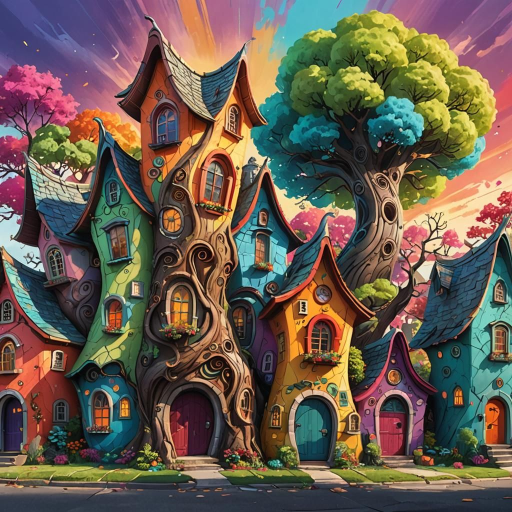 Whimsical Village Concept Art in Hyper-Realistic Colors