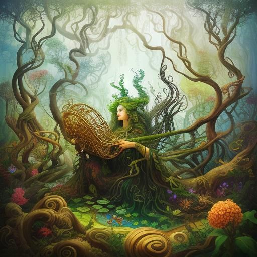 Surreal Woman Plays Instrument in Fantasy Forest