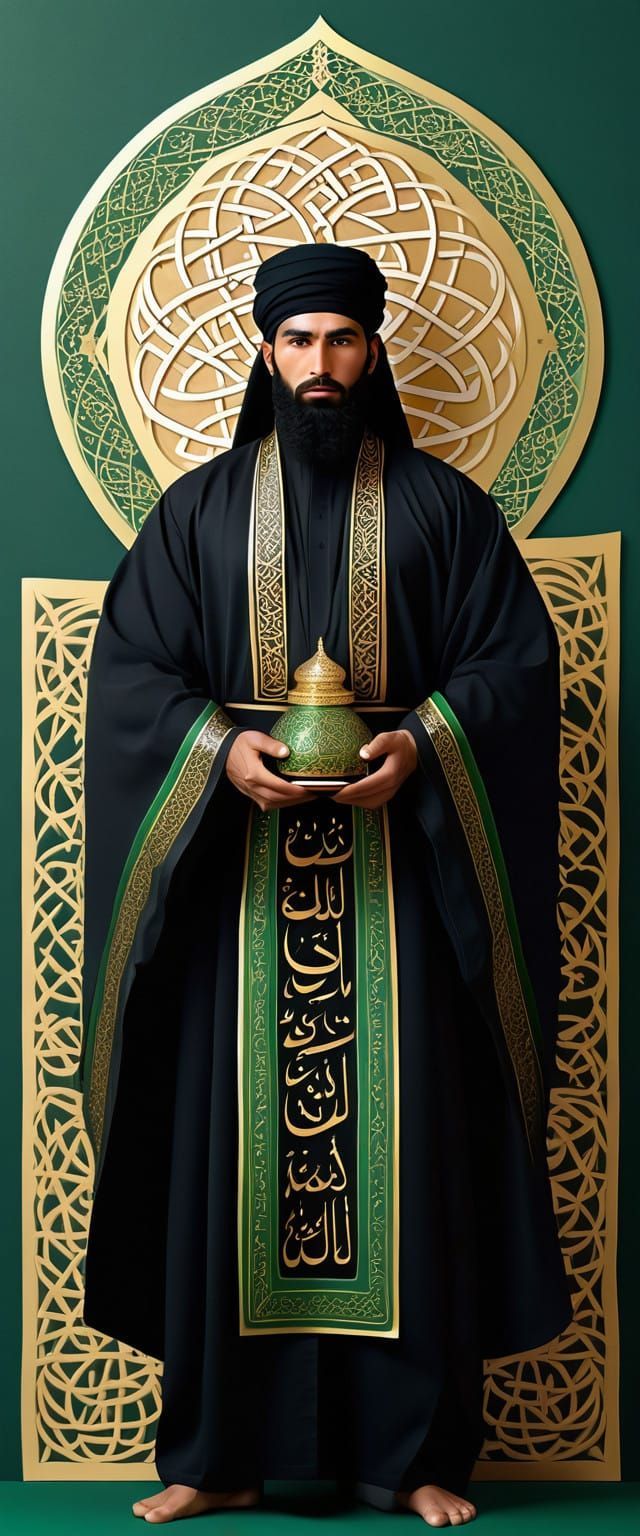 Majestic Islamic Warrior in Flowing Black Robe with Golden A...