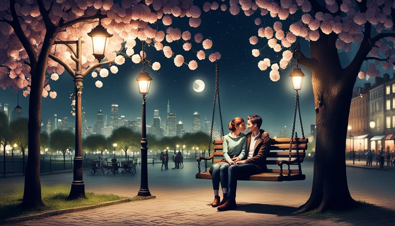 Romantic Couple on a Swing Under Moonlight