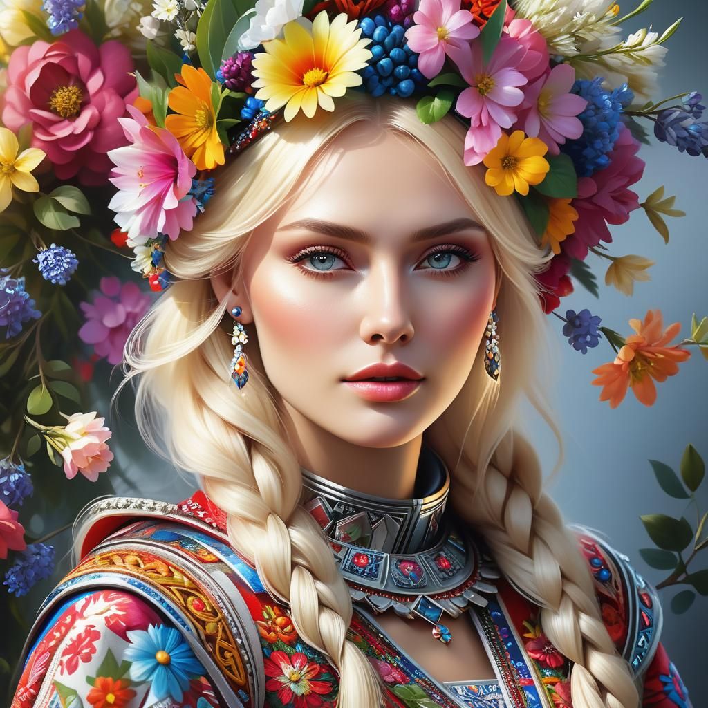 Beautiful Slavic Woman in Futuristic Floral Wreath