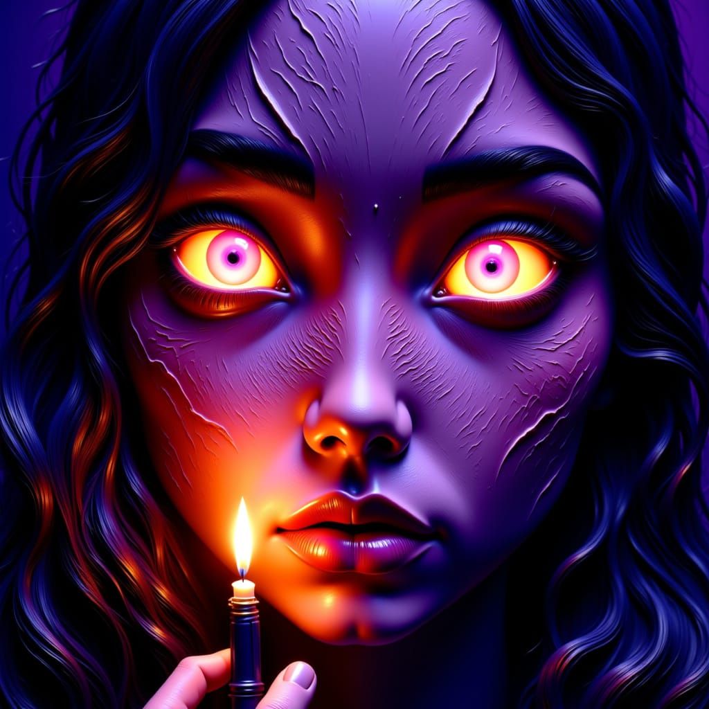 Lit by fire, carved by fate — her violet skin bears the scar...