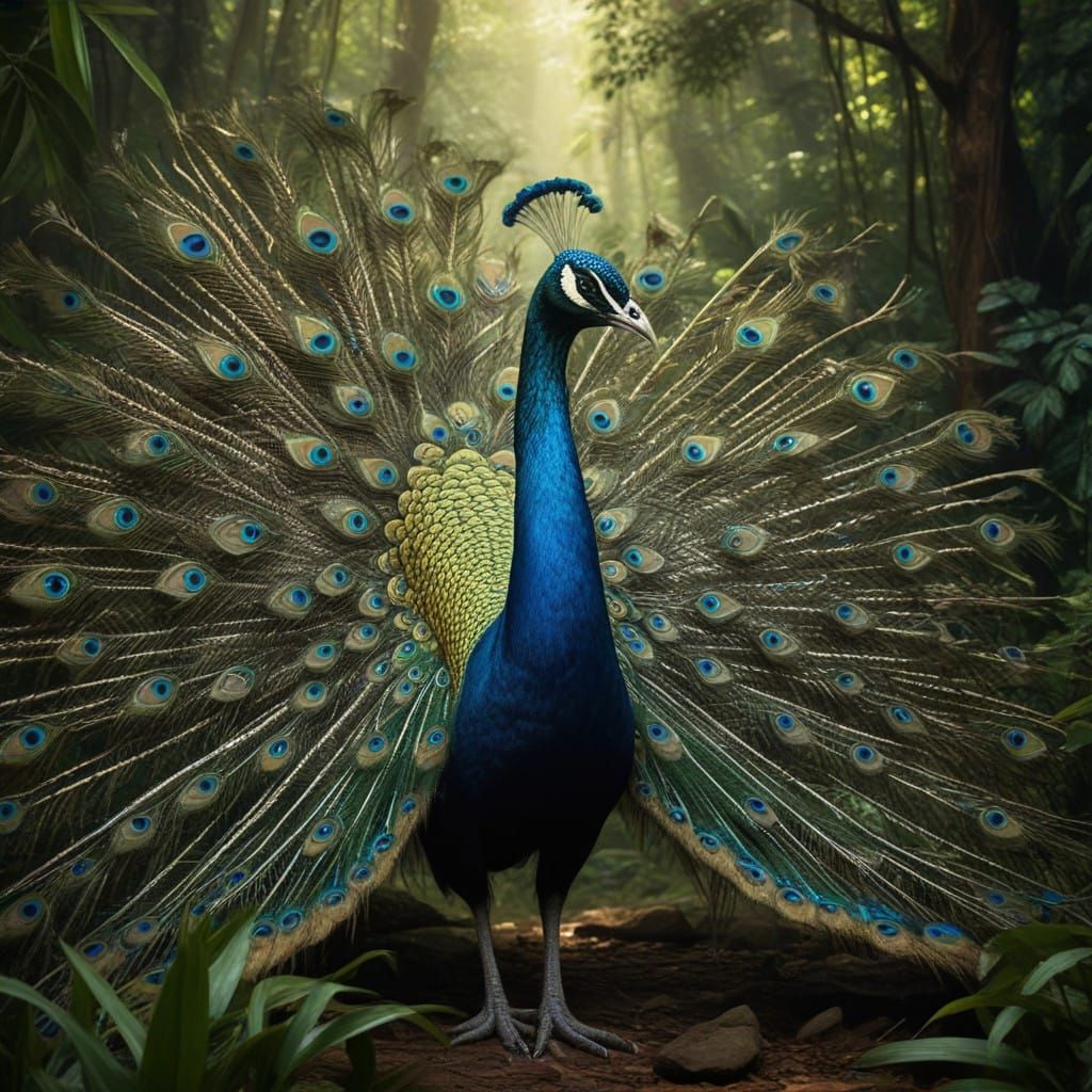 Vibrant Jungle Peacock Dances in Hyperrealistic Style