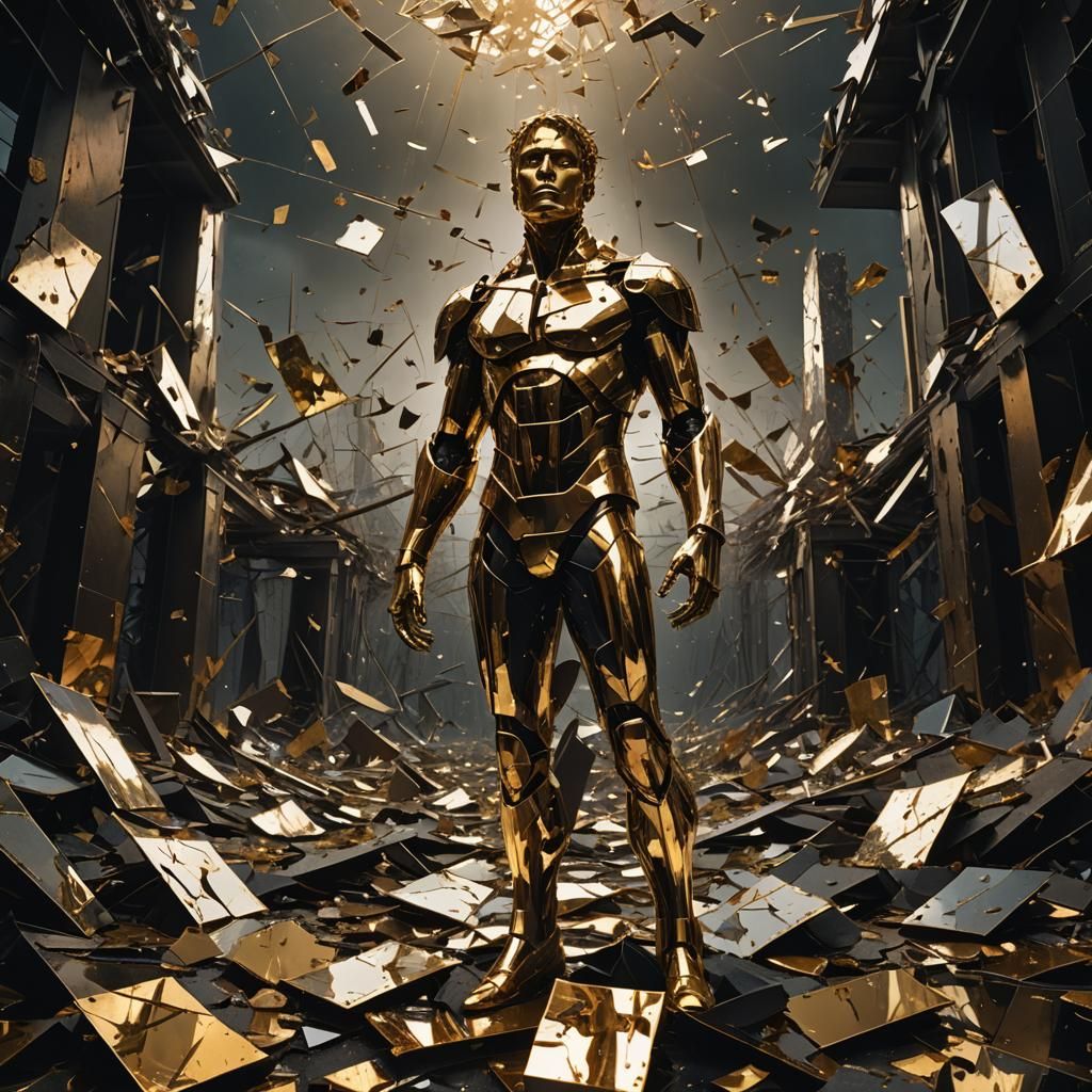 Golden Figure on Shattered Mirrors in Dark Fantasy Art