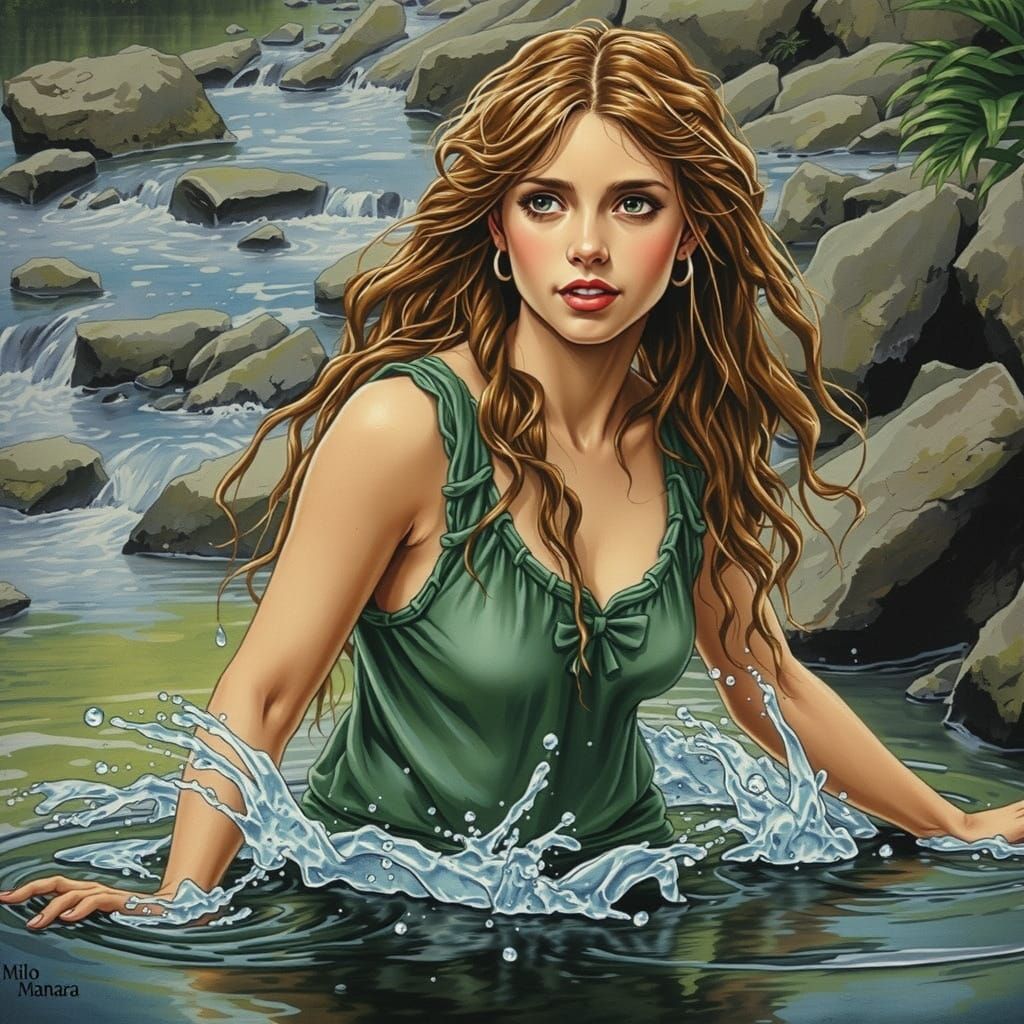 Cute Nymph Emerging From River in Watercolor and Ink