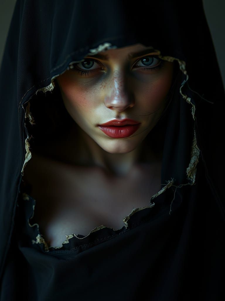Mysterious Portrait Through Tattered Black Fabric