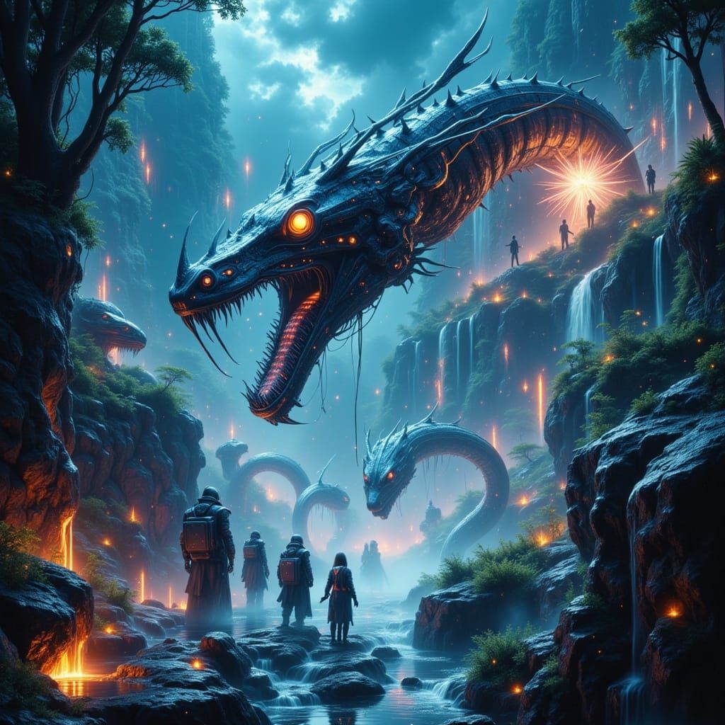 Robotic Serpent Attacks Flying Warriors in Bioluminescent Ju...