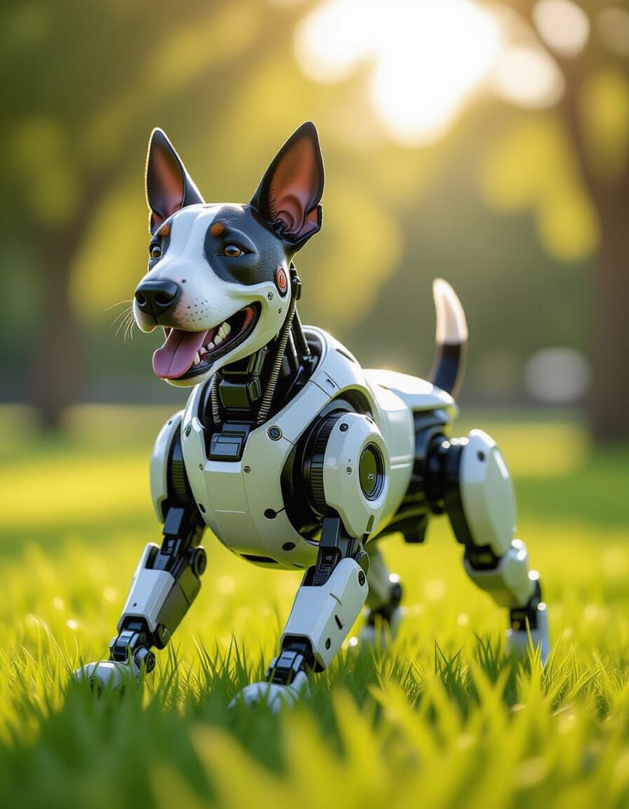 Robot Bull Terrier Plays in Park: Photorealistic AI Art