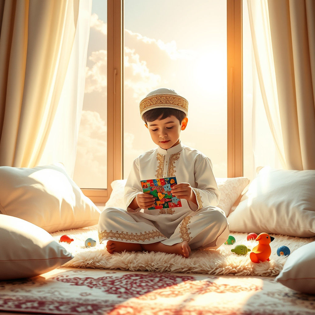 Omani Boy Plays Puzzle in Sunlit Room