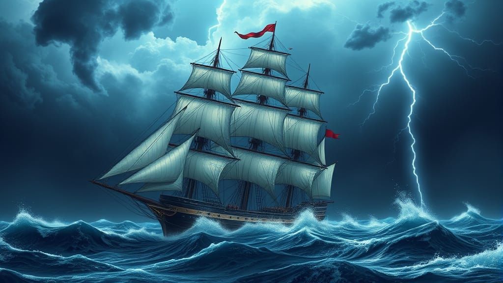 Stormy Seas Full-Rigged Ship Battles Turbulent Waves