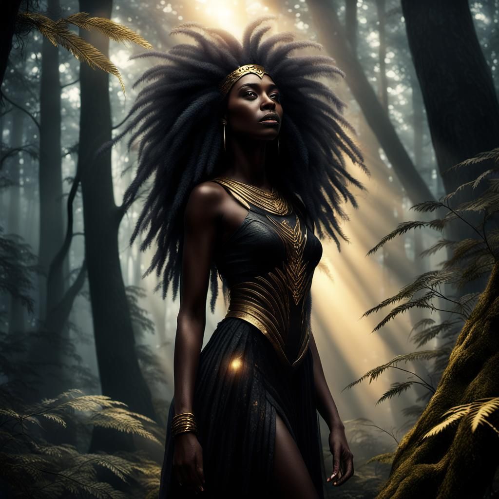 Hyperrealistic Goddess in a Dark, Mystical Forest
