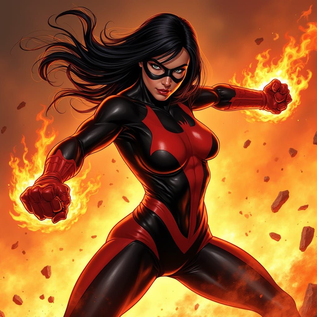 Fierce Venom Superheroine Engages Fiery Battle