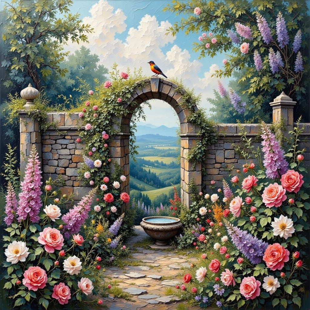 Idyllic Stone Ruins with Flourishing Wildflowers