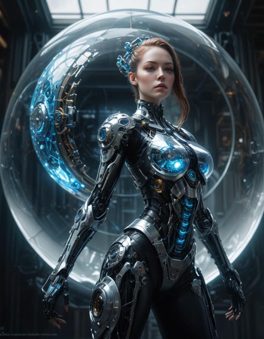 Epic Cyborg in Glass Cube: Cyberpunk Art