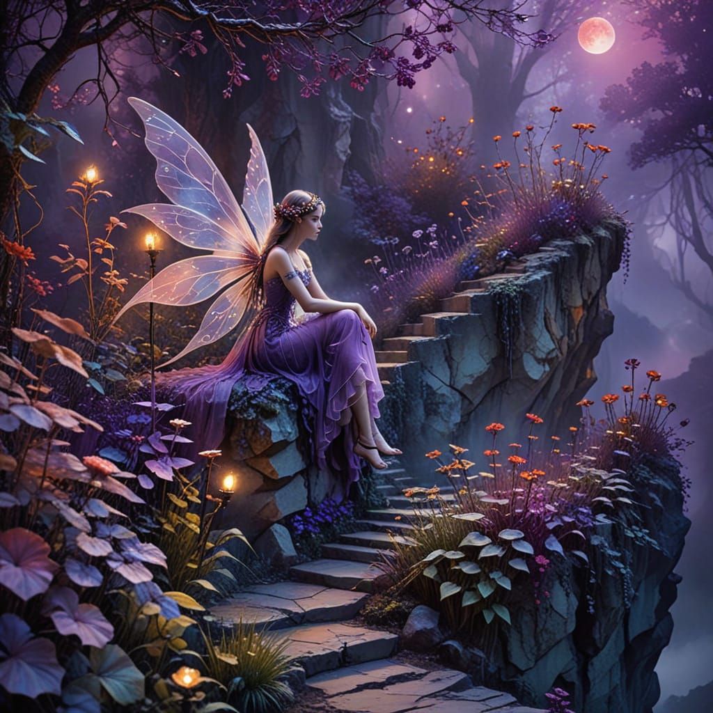 Misty Fairy on Cliff with Red Moon, Watercolor