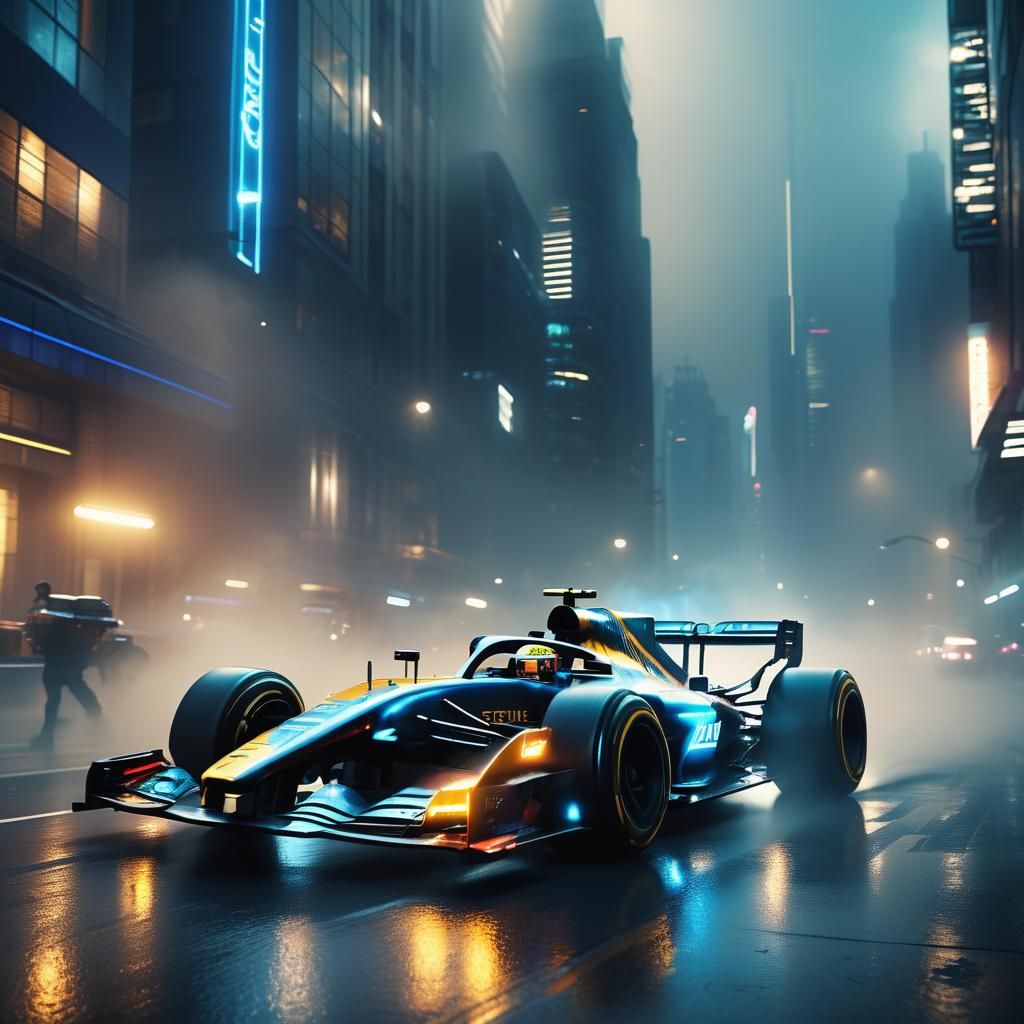 Futuristic Formula 1 Car in Neon Cityscape