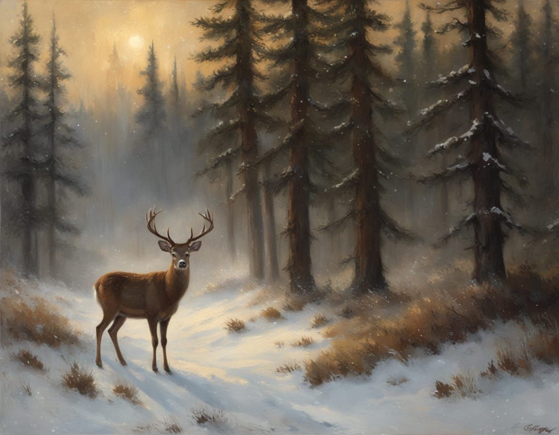 Deer in Winter Forest Landscape Painting
