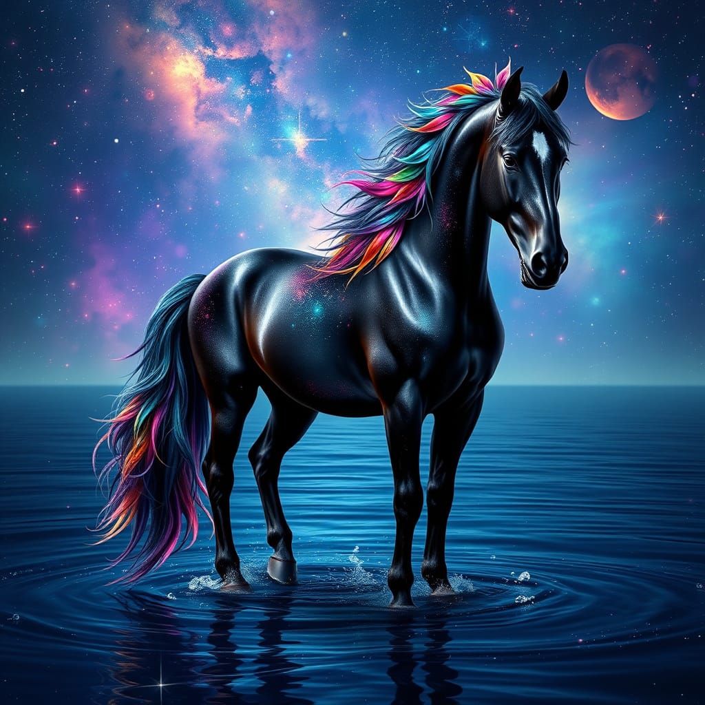 a cosmic black horse, it's coat is the universe, its mane an...