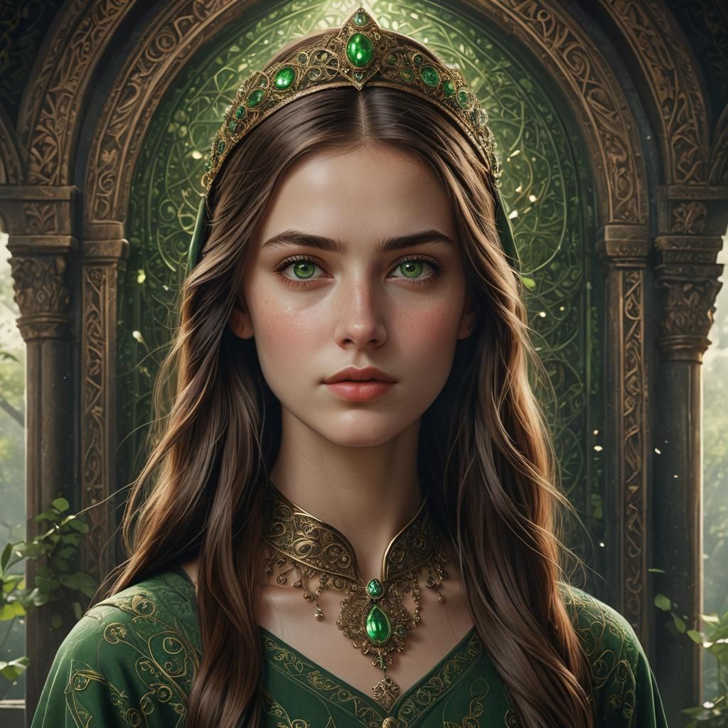 Hyperrealistic Portrait of a Brown-Haired Handmaiden in Gree...