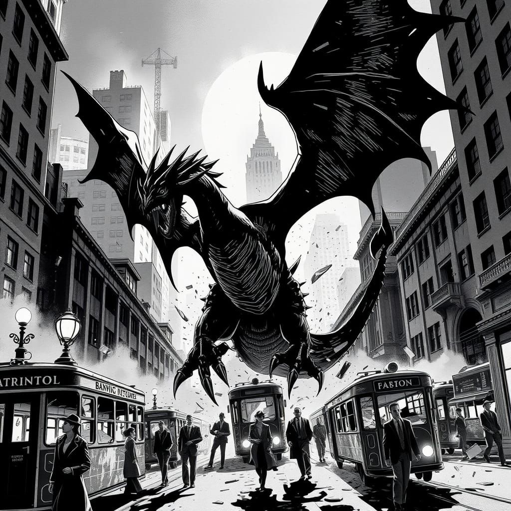 Gritty Dragon Rampages a Noir Cityscape