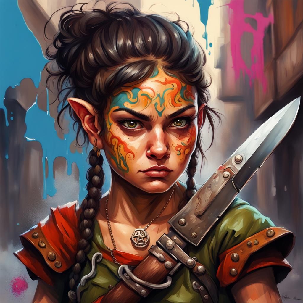 Portrait of a female Latina halfling fighter who has won a knife fight in a tavern