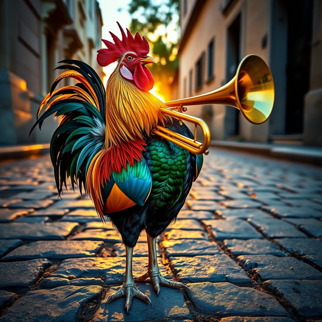 Majestic Rooster Plays Trumpet in Sunset Glow