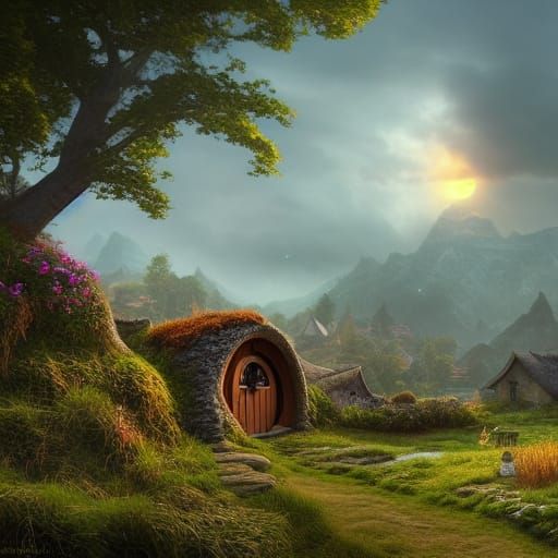 Charming Hobbit Village at Sunrise: Fantasy Concept Art