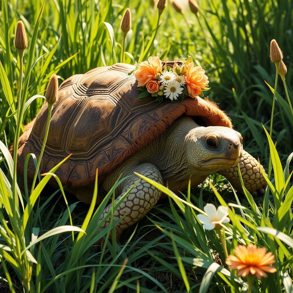Elegant Tortoise Crosses Finish Line in Whimsical Nature Sce...