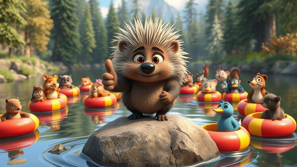 Whimsical Porcupine Hitchhiker Seeks Ride in Dreamlike River...