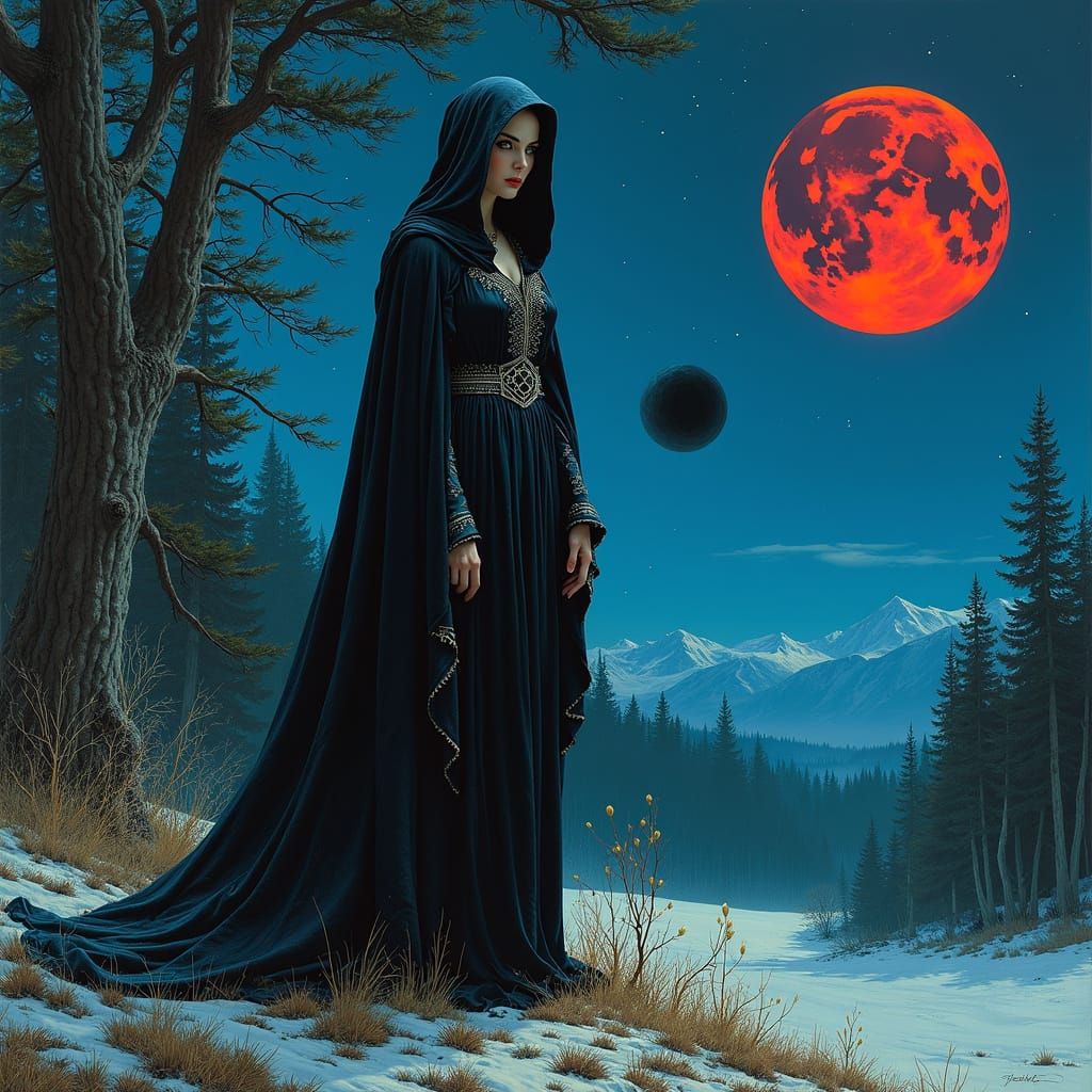 Ethereal Sorceress in Midnight Robes Beneath a Triple Moonli...
