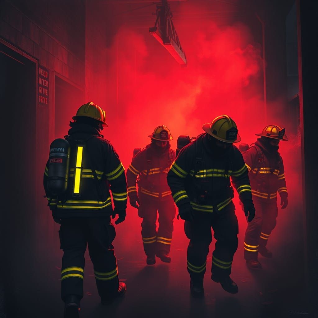 Firefighters in Smoky Building: Futuristic Concept Art