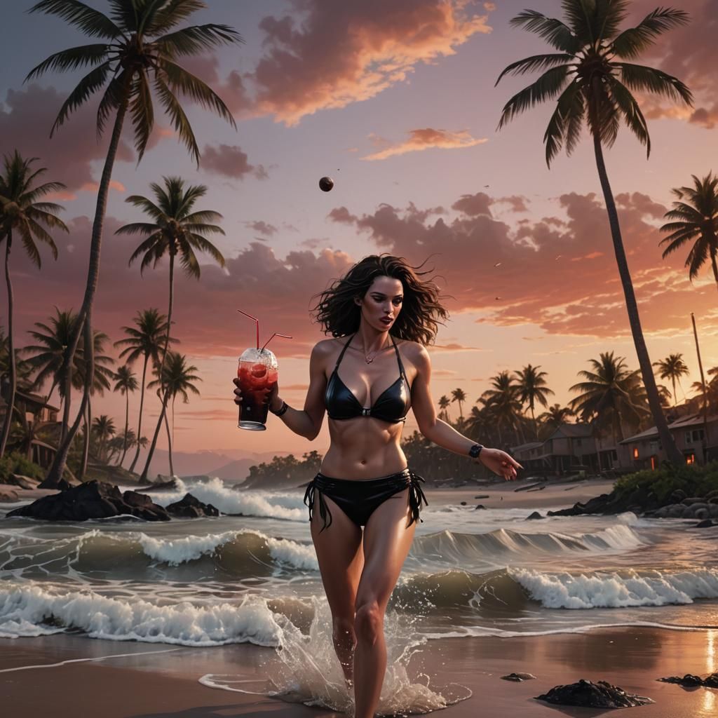 Hyperrealistic Pinhead Girl on Tropical Beach