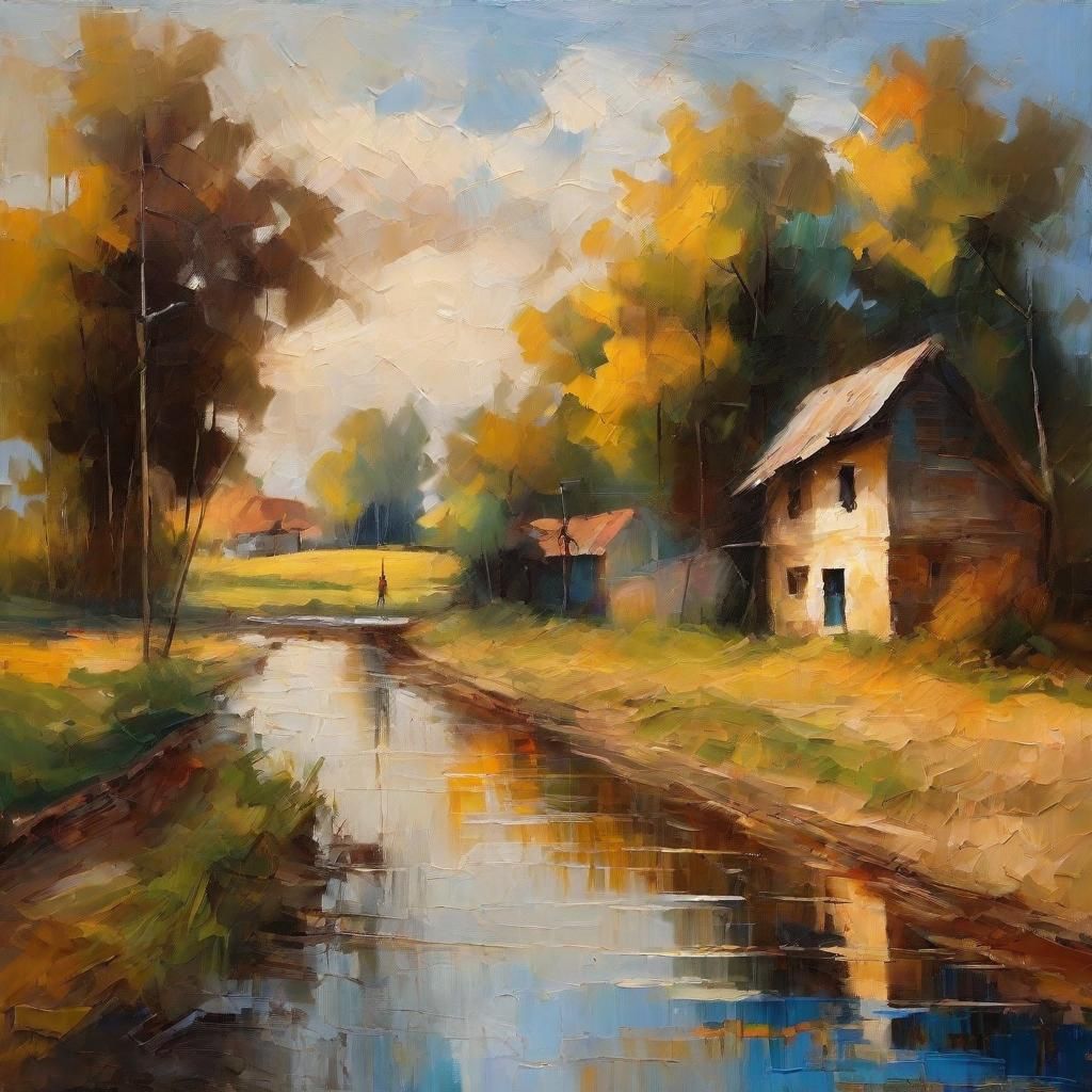 Rural Mud Houses in Oil Painting Style