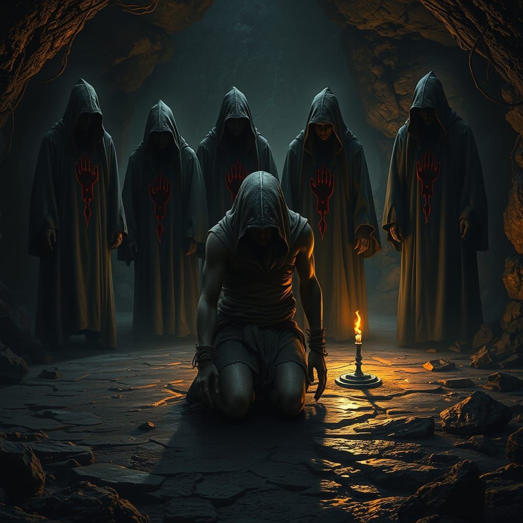 Mysterious Cave Ritual in a Dark Fantasy Style