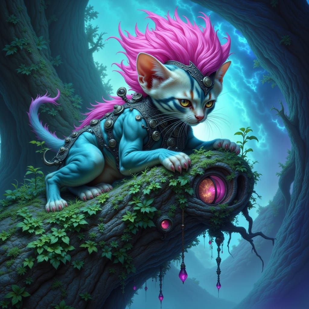 Punk Kitten on Surreal Nebula Treehouse in Comic Art Style