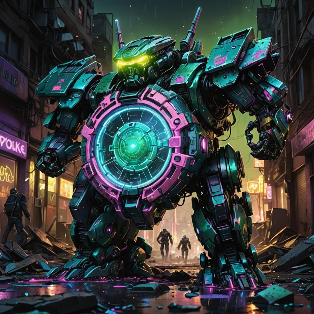 Apocalyptic Alien Mecha Battle in Neon City