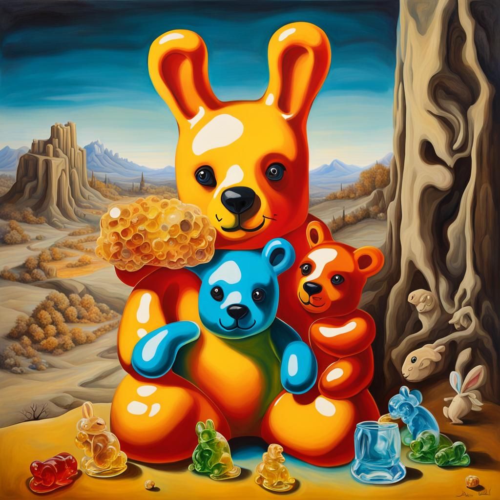 Surreal Bears Cuddling: Salvador Dali Style Oil Painting