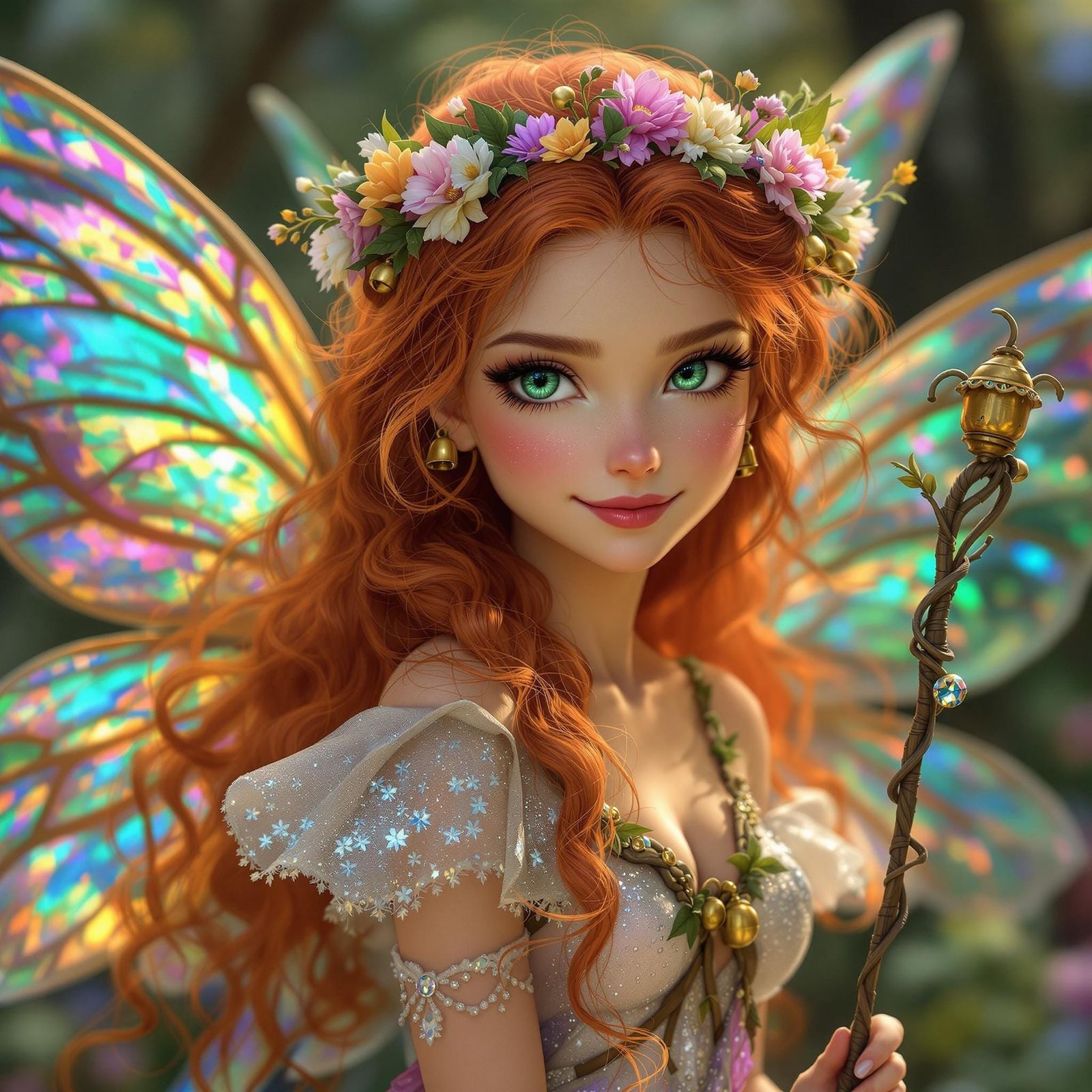 Photorealistic full body picture of a mischievous fairy. Her...